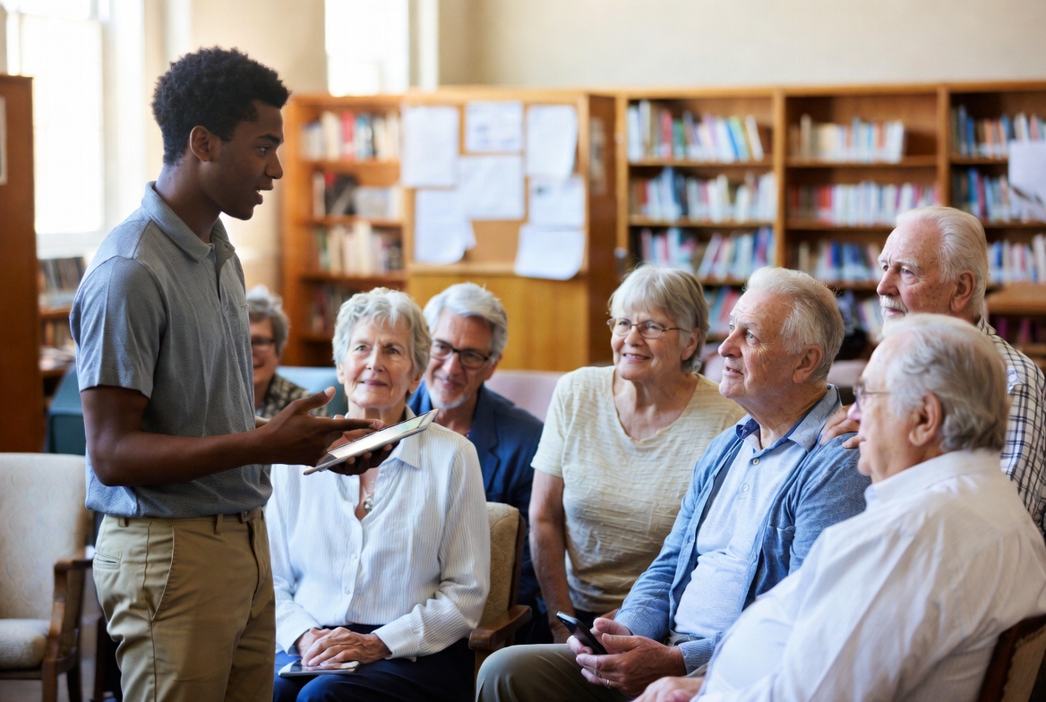 Young helper leading a senior technology Q&A in a library or senior center